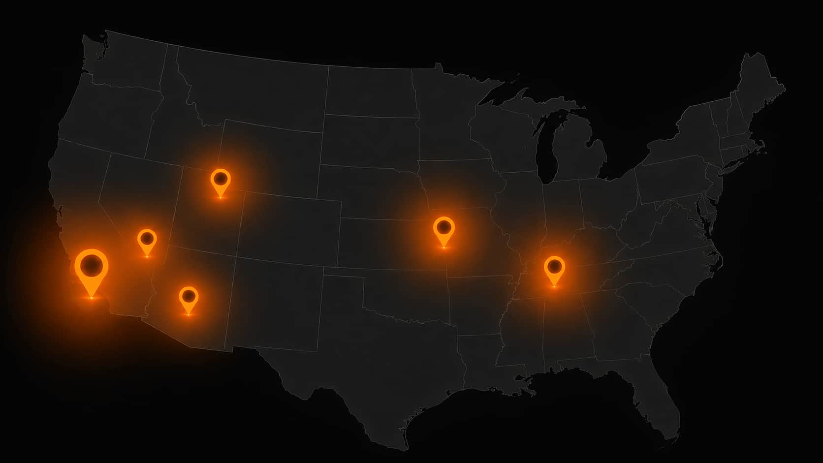 Map of Spirinity Productions locations across the United States, including Los Angeles, Las Vegas, Phoenix, Salt Lake City, Kansas City, and Nashville