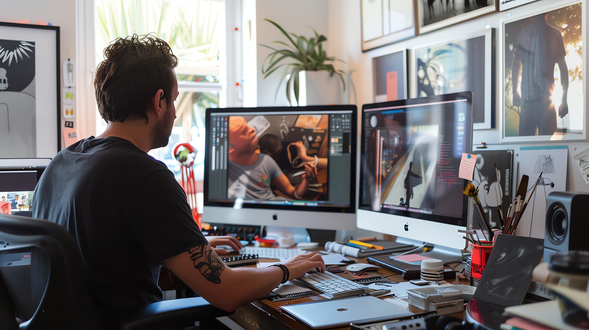 Technical director monitoring multiple live feeds during a broadcast production